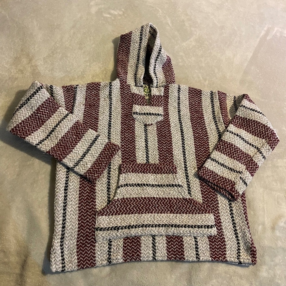Vintage Baja Joe Mens Pullover Hoodie‎ Baja Shirt Blanket Stripes Size S Poncho
